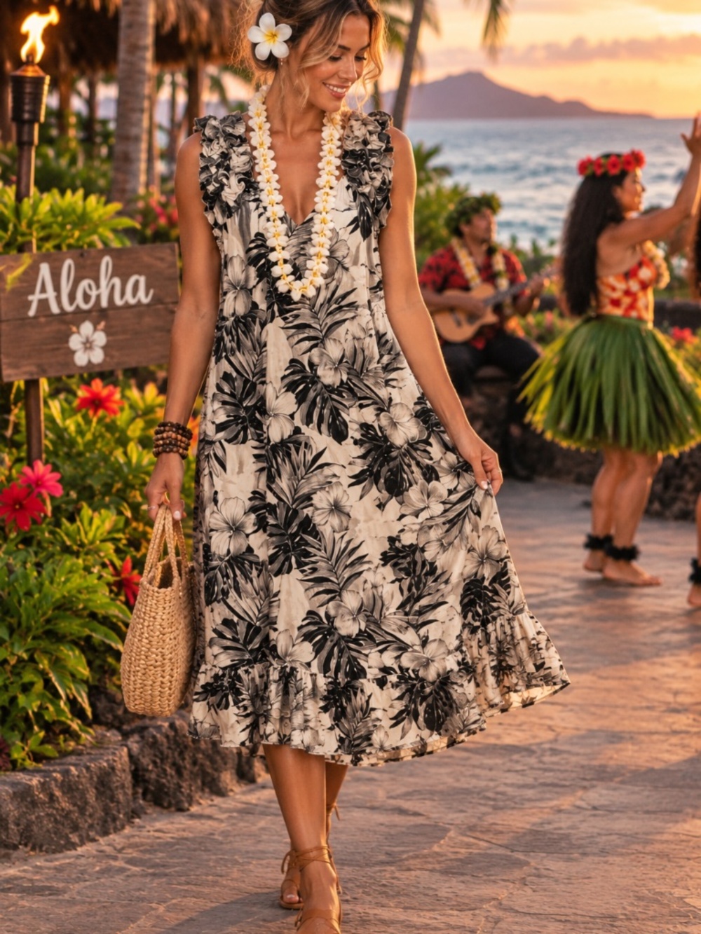Hawaiian Muumuu Pacific Legend Apparel Floral Ruffle Sleeve Long Dress One Size